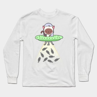 Funny white Cat is flying a spaceship Long Sleeve T-Shirt